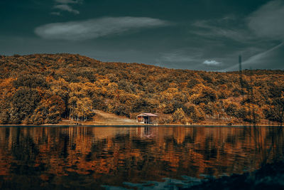 Scenic view of lake against sky during autumn