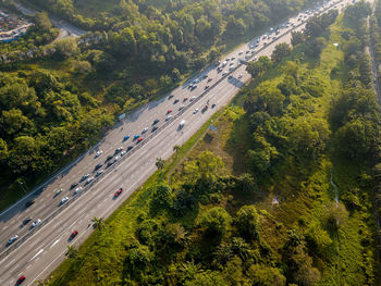 High angle view of road amidst trees in city