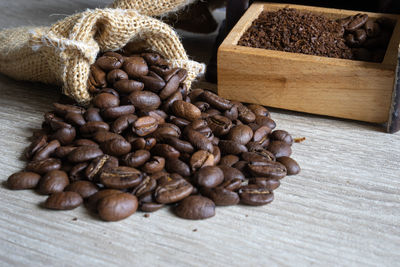 High angle view of coffee beans on table