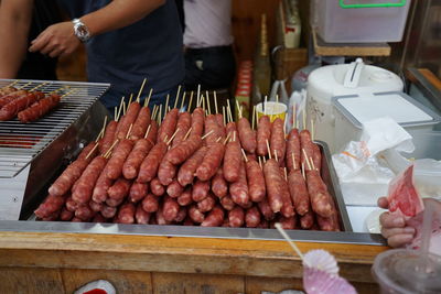 High angle view of preparing food on table at market