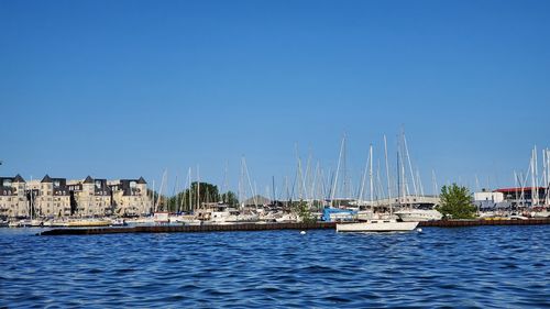 Sailboats moored at harbor against clear blue sky