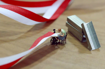 High angle view of small toy car on table