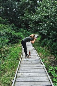 Woman photographing with camera while standing on boardwalk amidst trees