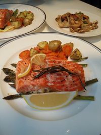 Close-up of served food on table