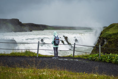 Gullfoss powerful famous waterfall in iceland. tourist attraction on golden circle route of iceland
