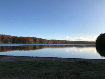 Scenic view of lake against clear blue sky