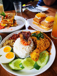 High angle view of food served on table