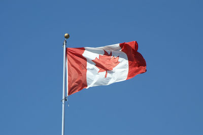 Low angle view of flag against clear blue sky