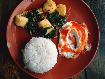 High angle view of food in plate on table