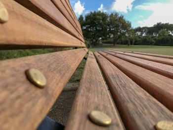 Close-up of bench against sky