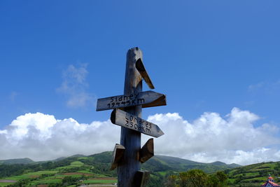 Low angle view of sign against sky