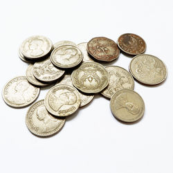 High angle view of coins