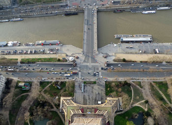 Directly above shot of cropped eiffel tower by seine river