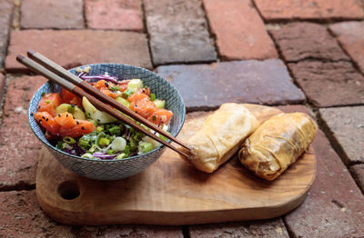 High angle view of food on cutting board