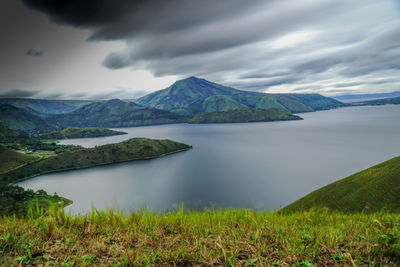 Scenic view of lake against cloudy sky