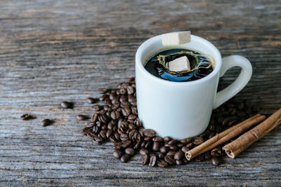 High angle view of coffee cup on table