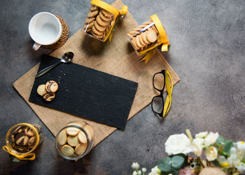 High angle view of food on table