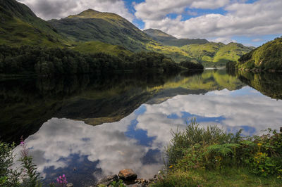 Scenic view of lake and mountains against sky