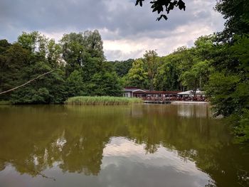 Scenic view of lake by trees against sky