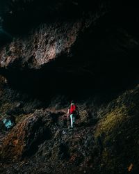 Rear view of person standing on rock