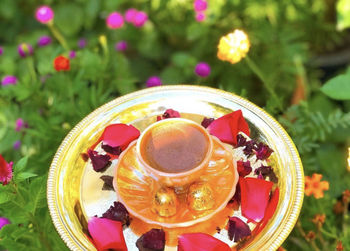 High angle view of tea served on table