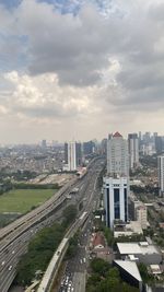 High angle view of cityscape against cloudy sky