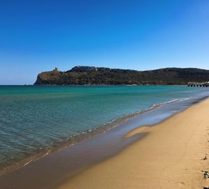 Scenic view of beach against blue sky