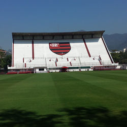 Soccer field against clear sky