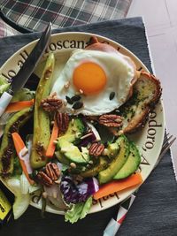 High angle view of breakfast served on table