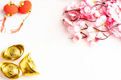 High angle view of pink flowers on table