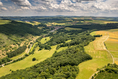 Aerial view of a landscape in rhineland-palatinate on the river glan with the village breitenheim 