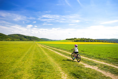 Man riding bicycle on road