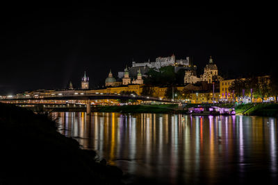 Illuminated buildings by river against sky at night