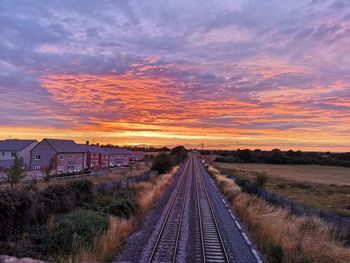 Railroad tracks on field against sky during sunset