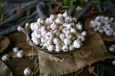 High angle view of eggs in container