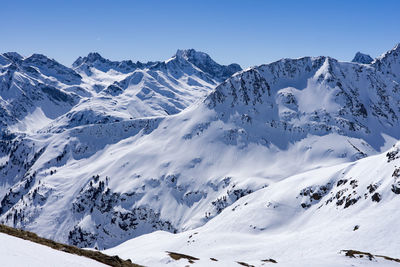 Scenic view of snow covered mountains against sky