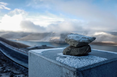 Close-up of stone stack on rock