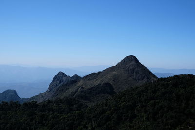 Scenic view of mountains against clear blue sky