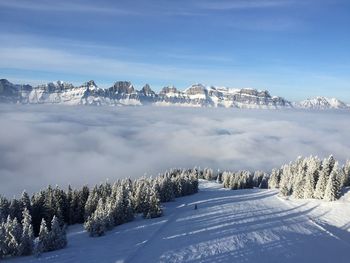 Snow covered landscape against sky