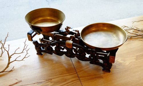 Close-up of weight scale on wooden table