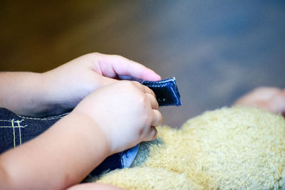 Cropped hands of baby playing with stuffed toy