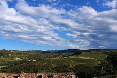 Scenic view of landscape against sky in the morning in langhe, piedmont