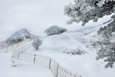 Scenic view of tree mountains against sky during winter