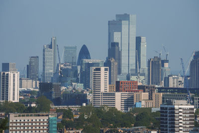 Cityscape against clear sky