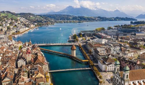 High angle view of city at waterfront