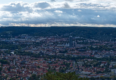 High angle shot of townscape against sky