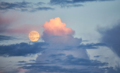 Low angle view of moon in sky during sunset