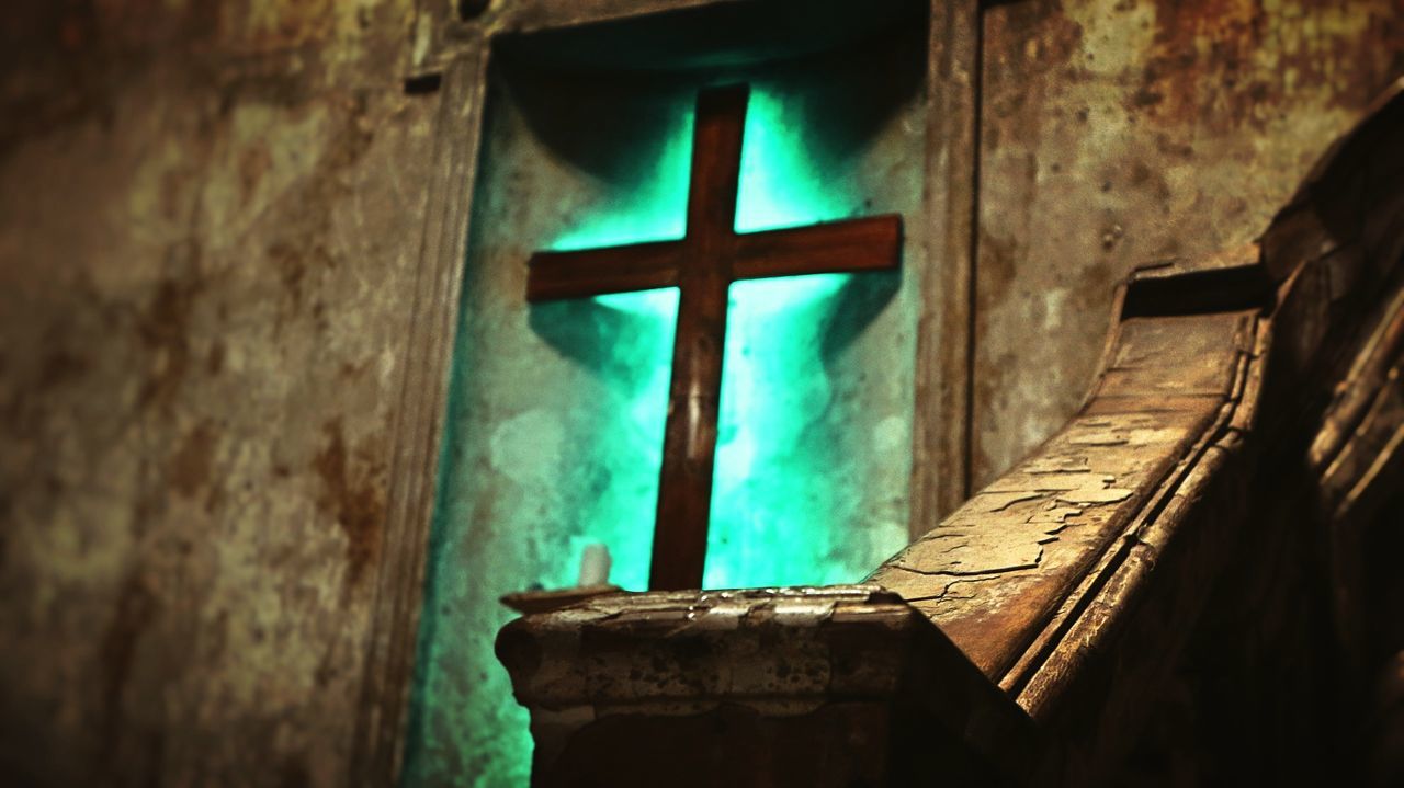 indoors, architecture, wall - building feature, built structure, window, focus on foreground, wood - material, old, no people, building, metal, day, weathered, close-up, abandoned, religion, belief, selective focus, cross