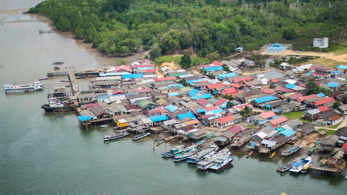 High angle view of boats moored in river