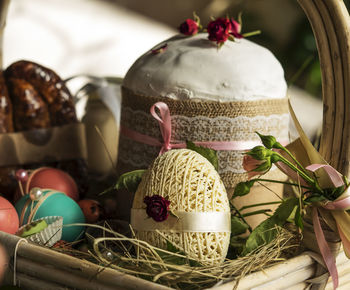 Close-up of food and easter eggs in basket